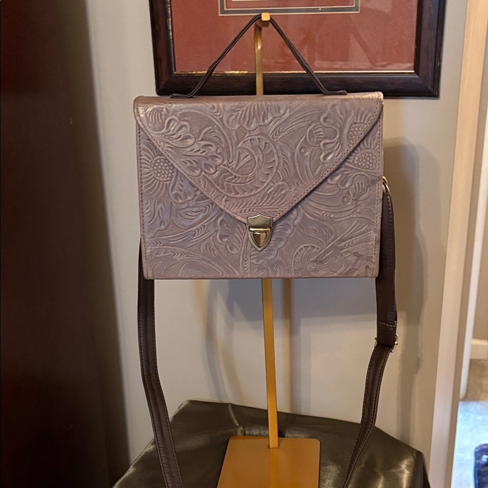 Embossed Floral Taupe leather Crossbody Bag